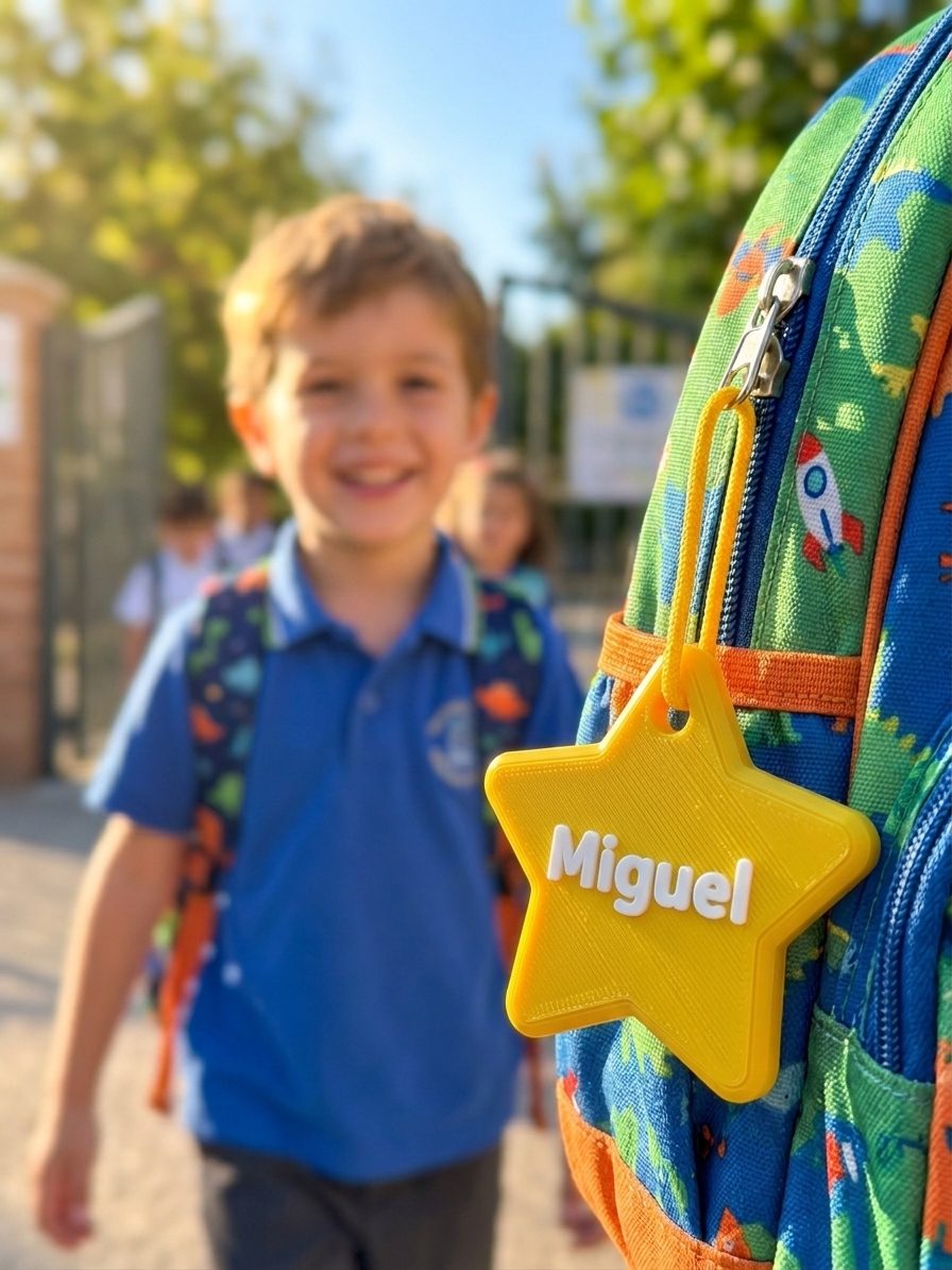 A boy in school uniform with a yellow star charm clipped to his blue backpack at golden hour