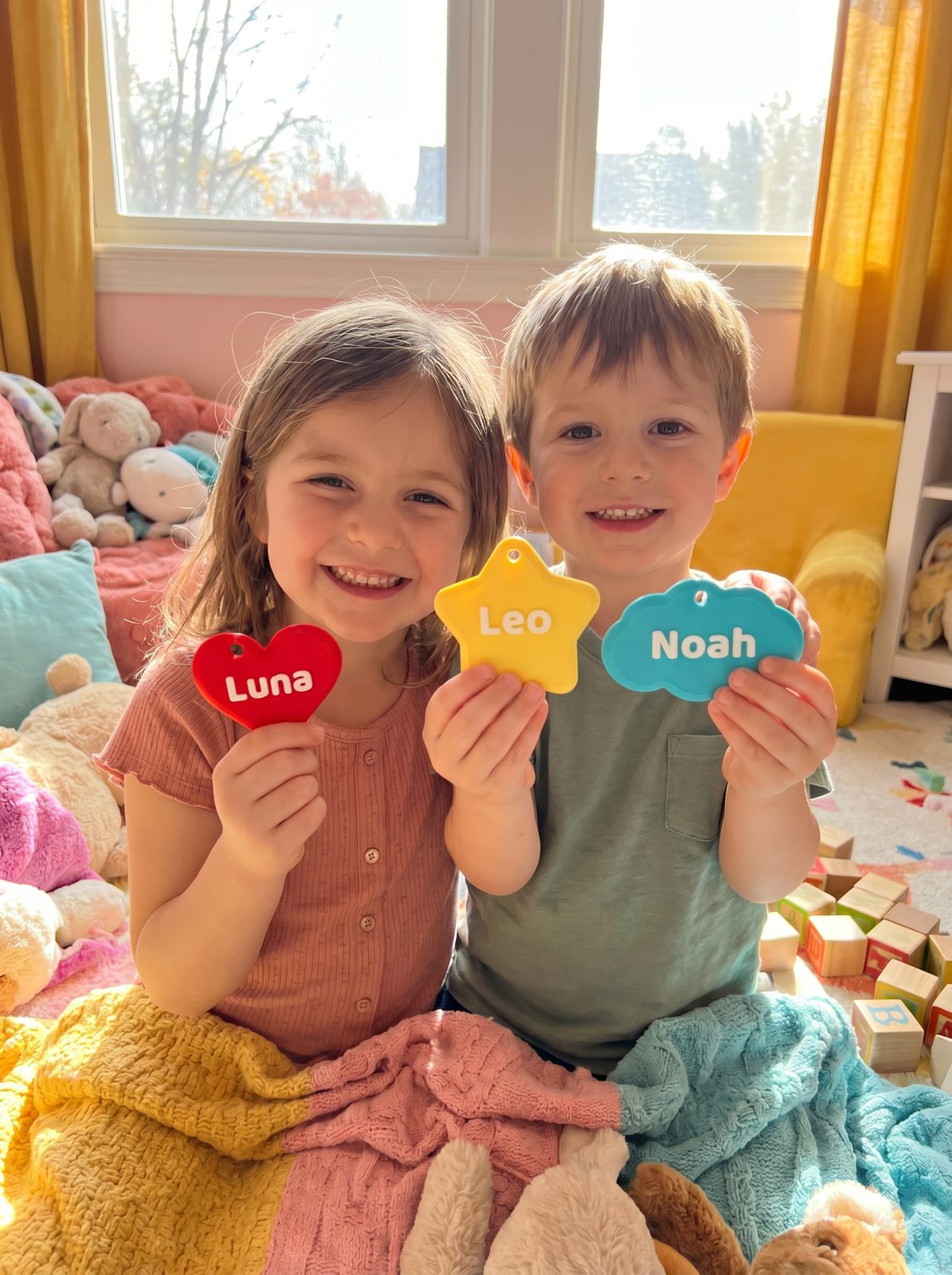 Two happy children holding up their own Poppet name charms