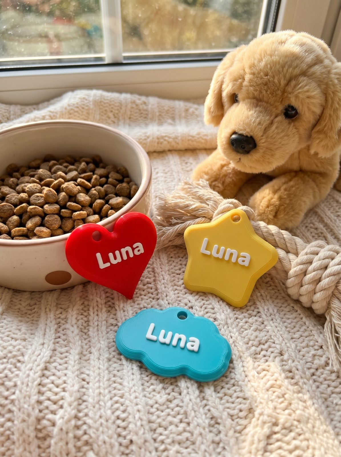 A dog bowl and toys with heart, star and cloud name charms for a pet called Luna