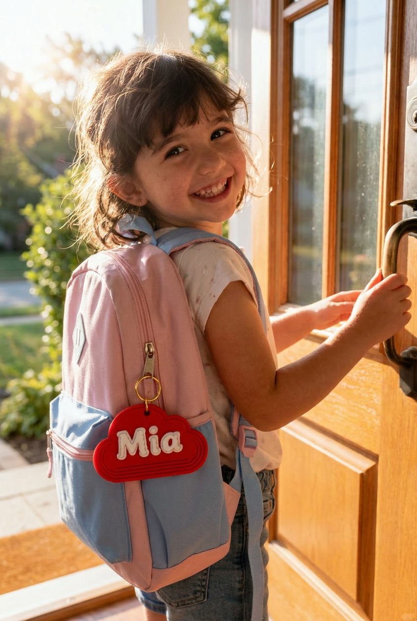 A girl heading out the door with a pink cloud charm on her backpack