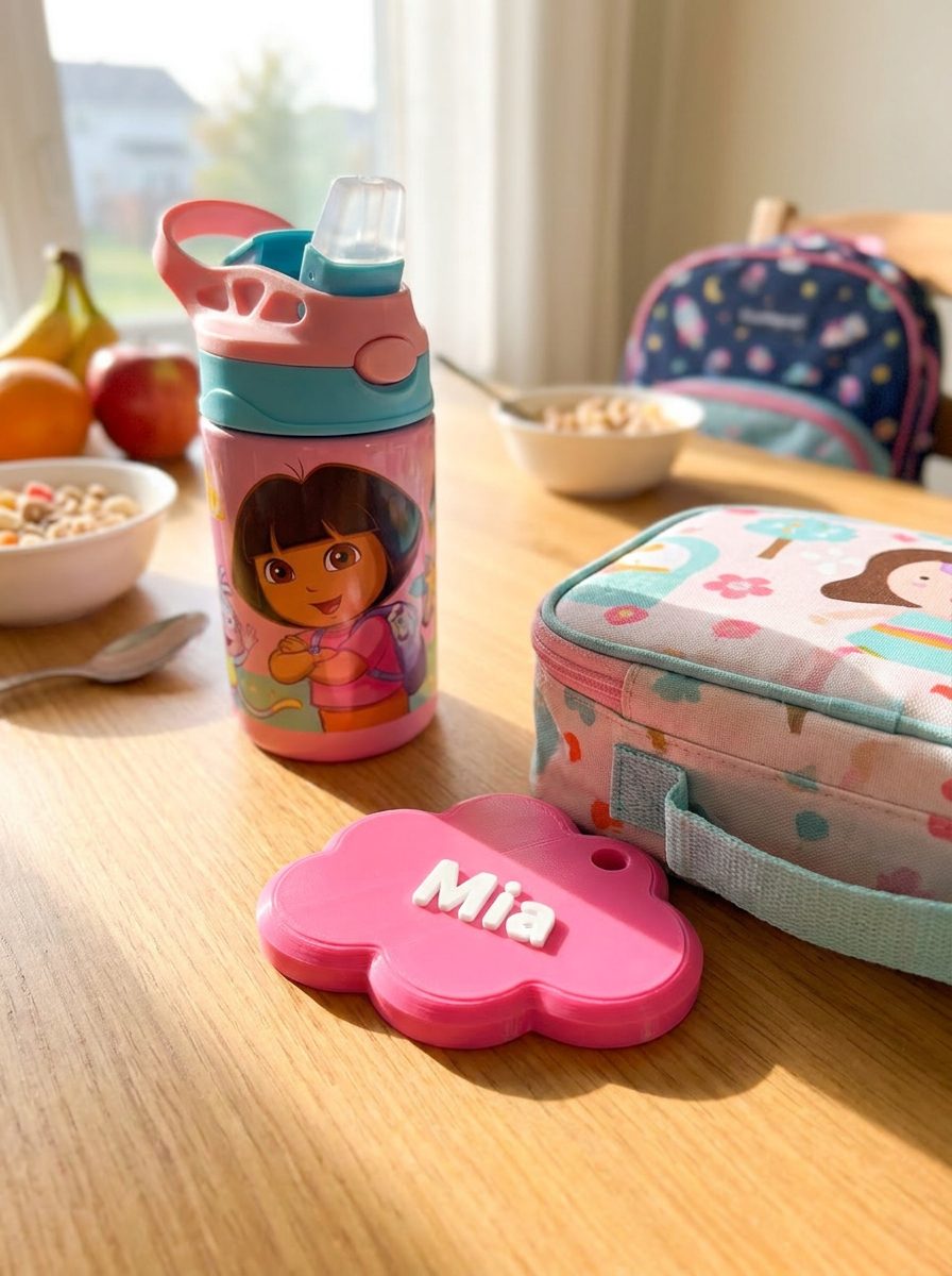 A pink cloud charm reading Mia clipped to a kid's water bottle