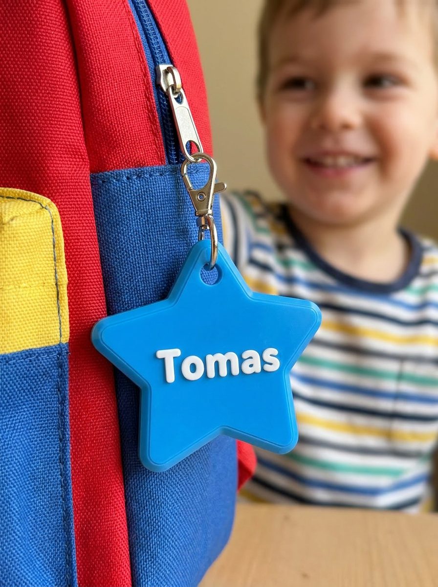 Close-up of a blue star charm reading Tomas clipping onto a zip