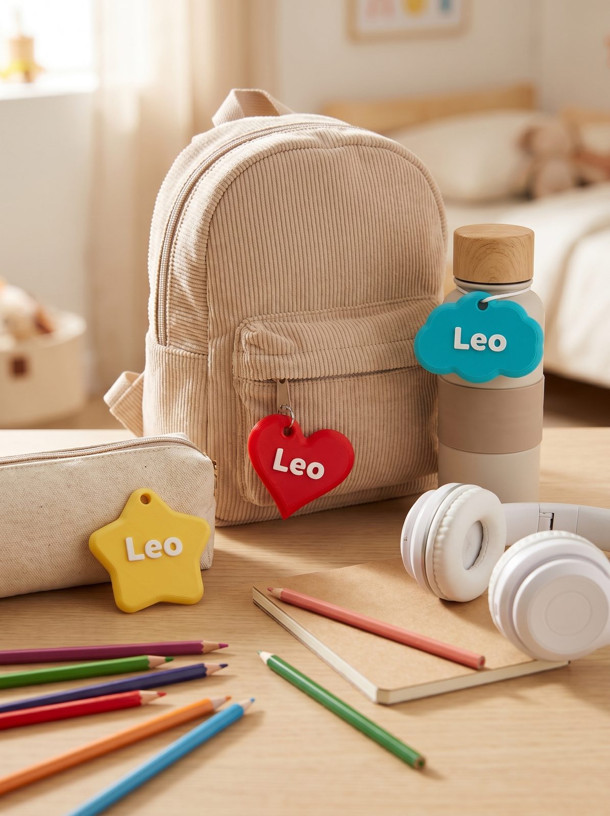 A bag, a bottle and more laid out with the full range of Poppet charm shapes and colours