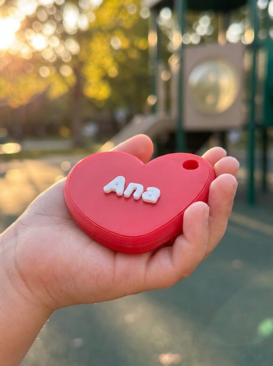 A small hand holding a red heart charm reading Ana