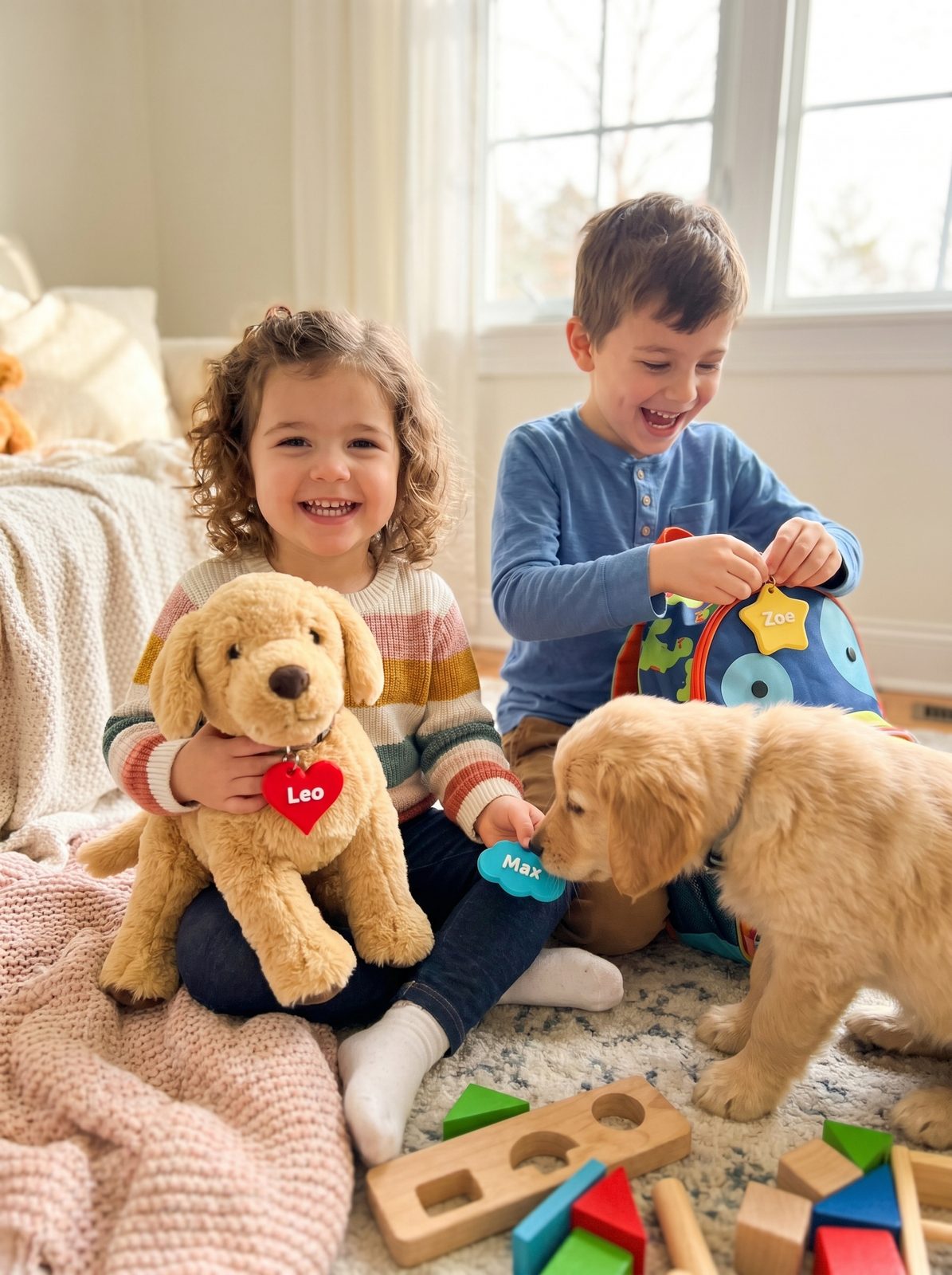 Two happy kids and a puppy with big puffy Poppet name charms clipped to their bags